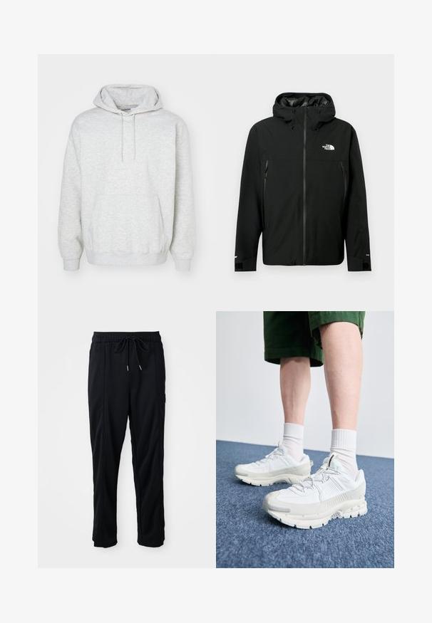 Casaco preto com capuz, com fecho zip frontal, dois bolsos laterais com fecho zip, punhos ajustáveis e um logótipo no peito. Textura suave e material à prova de água.; Sweatshirt cinza claro feito de tecido suave, com um bolso frontal, capuz ajustável com cordão e punhos e bainha canelados.; Calças casuais pretas com cordão na cintura, com bolsos laterais e corte reto, sobre um fundo simples.; Sapatos atléticos brancos com sobreposições texturizadas, sola espessa e detalhes em cinza. Usados com meias brancas até ao tornozelo e calções verdes sobre uma superfície azul.