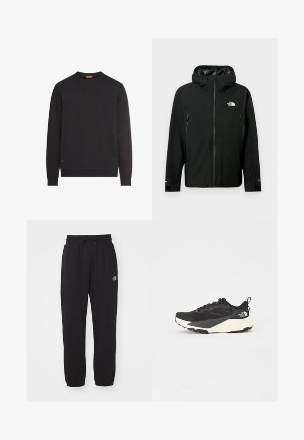 Sort hættetrøje med lynlås fortil, to lynlåslommer på siden, justerbare manchetter og et logo på brystet. Glat tekstur og vandafvisende materiale.; Sort crewneck sweatshirt med lange ærmer, ribbede manchetter og kant, lille logo-patch nær kanten og diskret logo på venstre ærme.; Sorte sweatpants lavet af blødt stof, med en elastisk talje med snor, manchetter ved anklerne og et lille logo på det øverste lår.; Sort sportsko med struktureret mesh-overdel, solide sorte detaljer og hvid letvægts sål. Har snørebåndslukning og trækstrop.