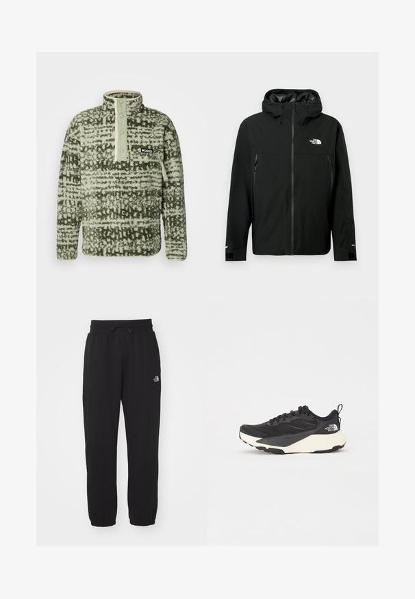 Crna kapuljača jakna s prednim zatvaračem, dva bočna džepa sa zatvaračem, podešavajuće manžete i logo na prsima. Glatka tekstura i vodootporan materijal.; Columbia HELVETIA - Vesta od flisa - greenscape; Crne trenirke od mekog materijala, s elastičnim pojasom s vezicom, suženim gležnjevima i malim logom na gornjem dijelu bedra.; Crne atletske tenisice s teksturiranim mrežastim gornjim dijelom, solidnim crnim detaljima i laganom bijelom potplatom. Sadrži vezanje čipkom i trakicu za povlačenje.