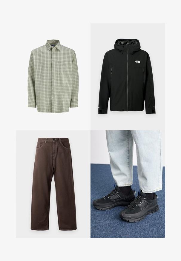 Melna kapuce jaka ar rāvējslēdzēju priekšpusē, divām sānu kabatām ar rāvējslēdzējiem, regulējamiem aproces galiem un logotipu uz krūšu. Gluda tekstūra un ūdensizturīgs materiāls.; Zaļi un balti laukuma raksta krekls ar garām piedurknēm, priekšējo kabatu un mīkstu auduma tekstūru. Klasiska apkakle un pogu aizdare.; Brūnas platās bikses, izgatavotas no kokvilnas, ar klasisko piecu kabatu dizainu, ar rāvējslēdzēju un redzamām šuvju detaļām.; Melni sporta apavi ar strukturētu audumu un gumijas zoli, ar elastīgām auklām un zilu akcentu uz papēža. Nēsāti ar gaišām džinsu biksēm.