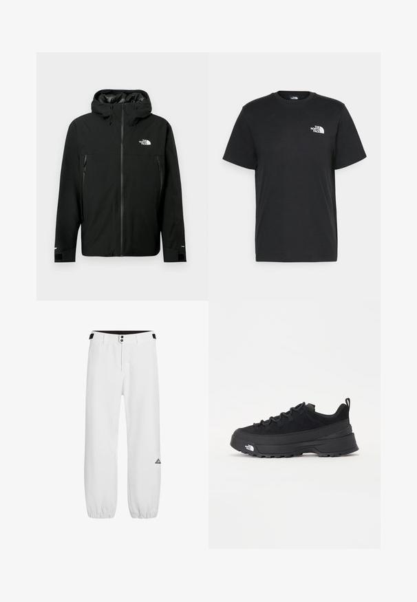 Melna kapuce jaka ar rāvējslēdzēju priekšpusē, divām sānu kabatām ar rāvējslēdzējiem, regulējamiem aproces galiem un logotipu uz krūšu. Gluda tekstūra un ūdensizturīgs materiāls.; Melna kokvilnas T-krekls ar īsām piedurknēm, apaļu kakla izgriezumu un mazu balto logotipu kreisajā krūtīs. Vienkāršs dizains, gluda tekstūra un brīvs piegriezums.; Baltas bikses ar pieguļošu jostu, diviem metāla pogām un elastīgām aprocēm. Kreisajā kājā ir trīsstūra logotips. Gluda auduma tekstūra.; Melni āra sporta apavi ar zamšādas virsu, teksturētu gumijas zoli un izturīgu auklu sistēmu. Iezīmēts ar pastiprinātu papēdi un zīmola logo sānu daļā.