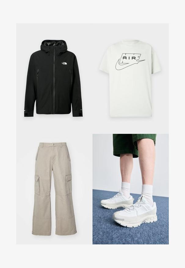 Sort hættetrøje med lynlås fortil, to lynlåslommer på siden, justerbare manchetter og et logo på brystet. Glat tekstur og vandafvisende materiale.; Hvid T-shirt med korte ærmer og sort Nike Air-logo, hvor ordet "AIR" er inde i en styliseret kontur over det klassiske swoosh.; Khaki cargo bukser lavet af bomuldsblanding, med brede ben, flere sidelommer og subtile syninger.; Hvide atletiske sko med teksturerede overlays, en chunky sål og grå accenter. Båret med hvide ankelstrømper og grønne shorts på en blå overflade.