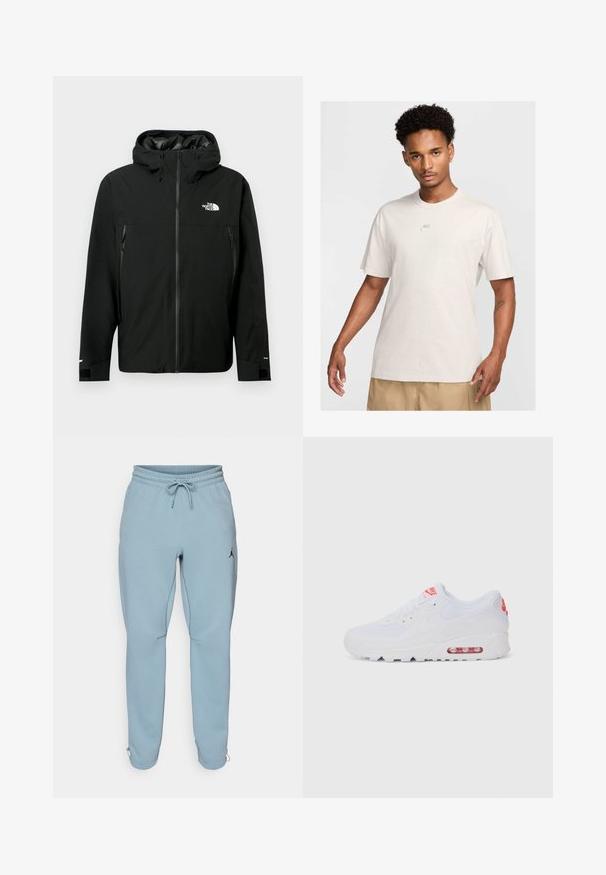 Juodas gobtuvą turintis džemperis su užtrauktuku priekyje, dviem užtrauktukais uždaromomis šoninėmis kišenėmis, reguliuojamais rankogaliais ir logotipu ant krūtinės. Lygi tekstūra ir vandeniui atspari medžiaga.; Vyras su trumpais garbanotais plaukais, apsirengęs bežiniu Nike marškinėliu ir khaki šortais, stovi iškėlęs veidą priešais šviesų fono.; Šviesiai mėlyni sportiniai džinsai, pagaminti iš minkštos medžiagos, su elastingu liemeniu ir raišteliu, šoninėmis kišenėmis ir mažuoju juodu logotipu ant šlaunies.; Baltos sportinės sneaker'iai, turintys lygų paviršių, raištelių uždarymą, paminkštintą padą ir matomą oro vienetą su raudonomis akcentais ant prekės ženklo.