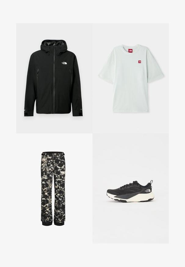 Zwarte hoodie met rits aan de voorkant, twee ritszakken aan de zijkanten, verstelbare manchetten en een logo op de borst. Gladde textuur en waterdicht materiaal.; Lichtgroene T-shirt met korte mouwen van zachte katoen, voorzien van een klein rood logo label op de linker borst. Ontspannen pasvorm en ronde halslijn.; Zwarte waterdichte sneeuwbroek met een spetterpatroon in crème en bruin. Bevat een elastische manchette en een verstelbare tailleband.; Zwarte sportieve schoen met een gestructureerde mesh bovenkant, solide zwarte accenten en een lichte witte buitenzool. Voorzien van vetersluiting en een treklus.