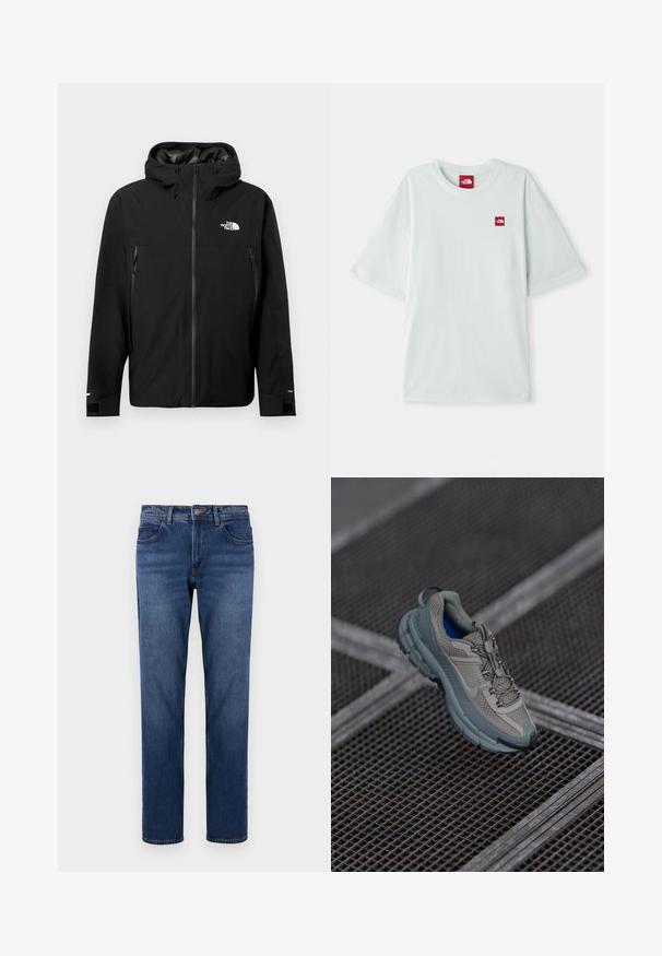 Casaco preto com capuz, com fecho zip frontal, dois bolsos laterais com fecho zip, punhos ajustáveis e um logótipo no peito. Textura suave e material à prova de água.; T-shirt de manga curta verde claro, feito de algodão macio, com uma pequena etiqueta de logo vermelha na área do peito esquerdo. Corte descontraído e gola redonda.; Jeans de denim azul escuro com corte reto, cinco bolsos e costura em contraste. Acabados com um fecho de botão e zip.; Sapatilha atlética bege e cinza com parte superior em malha texturizada, ponta arredondada e sola de borracha, com atacadores e colarinho almofadado.