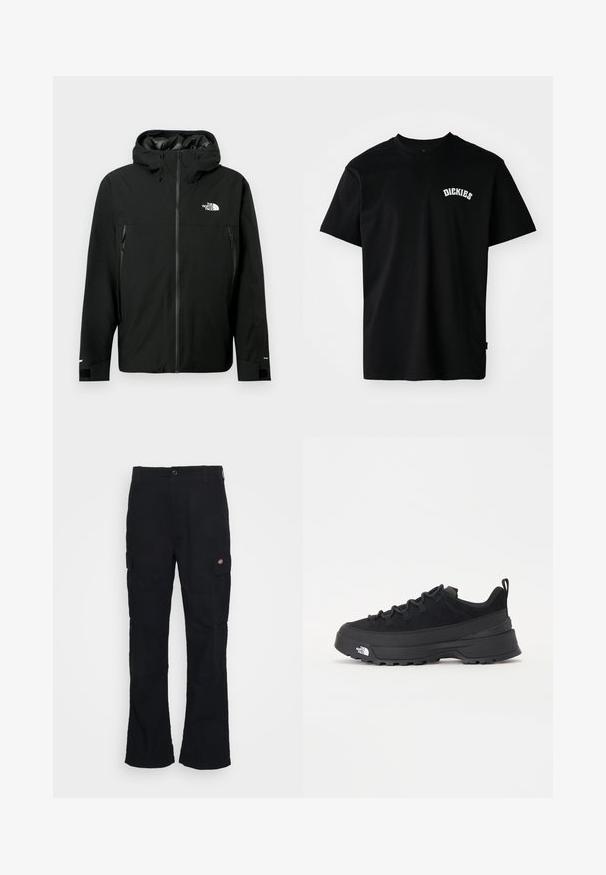 Melna kapuce jaka ar rāvējslēdzēju priekšpusē, divām sānu kabatām ar rāvējslēdzējiem, regulējamiem aproces galiem un logotipu uz krūšu. Gluda tekstūra un ūdensizturīgs materiāls.; Melnas kokvilnas T-krekls ar īsām piedurknēm un apaļu kakla izgriezumu. Uz krūts ir balts izliektā formas logo "DICKIES". Vienkāršs dizains, bez rakstiem.; Melni cargo bikses ar taisnu kāju dizainu, izgatavotas no izturīga auduma, ar sānu kabatām un plāksteri ar logotipu pa kreisi.; Melni āra sporta apavi ar zamšādas virsu, teksturētu gumijas zoli un izturīgu auklu sistēmu. Iezīmēts ar pastiprinātu papēdi un zīmola logo sānu daļā.