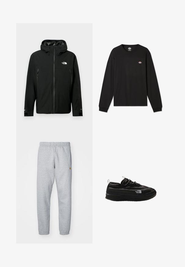 Juodas gobtuvą turintis džemperis su užtrauktuku priekyje, dviem užtrauktukais uždaromomis šoninėmis kišenėmis, reguliuojamais rankogaliais ir logotipu ant krūtinės. Lygi tekstūra ir vandeniui atspari medžiaga.; Juodas ilgam rankovėmis marškinėliai iš medvilnės, su mažuoju daugiamačiu Dickies logotipu kairėje krūtinės pusėje ir timpos rankogaliais.; Pilkos sportinės kelnės, pagamintos iš minkštos medžiagos, su elastinga juosmena, užrišamais kulkšnių kraštais ir maža logotipo detale šone.; The North Face NSE LOW - Sportbačiai - black