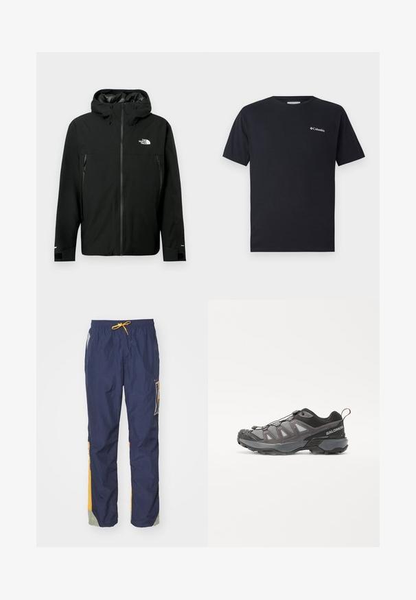 Black hooded jacket with zip front, two zippered side pockets, adjustable cuffs, and a logo on the chest. Smooth texture and waterproof material.; Black short-sleeve t-shirt made of cotton, featuring a small white Columbia logo on the left chest area. Classic crew neckline and relaxed fit.; Navy blue pants with an elastic waistband and yellow drawstring. Features green and yellow accents, side pockets, and a textured fabric.; Sport shoe featuring a streamlined design, gray synthetic upper with mesh panels, black accents, and a rubber sole with pronounced traction.