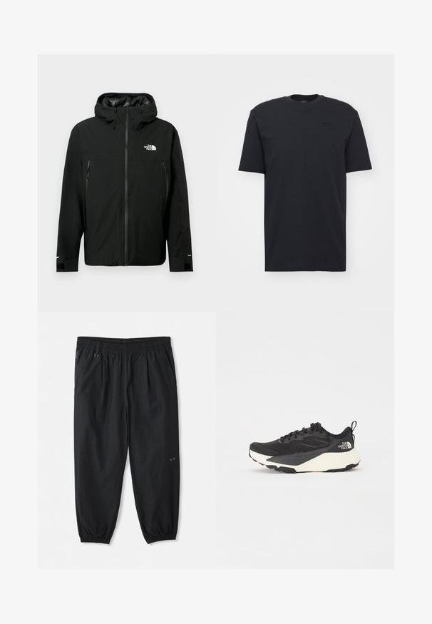 Svart huva jacka med dragkedja framtill, två dragkedjefickor på sidorna, justerbara ärmar och en logotyp på bröstet. Slät textur och vattentätt material.; Svart bomullst-shirt med kort ärm och rund halsringning, med en diskret logotypaccent på bröstet och en avslappnad passform.; Svarta avslappnade byxor med elastisk midja, sidofickor, elastiska muddar vid anklarna och en liten logotyp på höger lår.; Svart sportskor med strukturerad meshöversida, helt svarta detaljer och vit lätt sula. Utökad med snörning och dragflik.