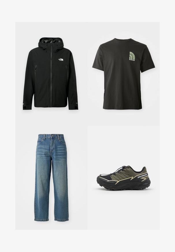 Μαύρο φούτερ με κουκούλα, με φερμουάρ μπροστά, δύο φερμουάρ πλευρικές τσέπες, ρυθμιζόμενους καρπούς και λογότυπο στο στήθος. Απαλή υφή και αδιάβροχο υλικό.; Μαύρο κοντομάνικο μπλουζάκι με στρογγυλή λαιμόκοψη, με ένα μικρό λογότυπο πράσινου και λευκού χρώματος σε μορφή τετάρτου κύκλου και την επιγραφή "The North Face" στο αριστερό στήθος.; Γαλάζια τζιν παντελόνια με φαρδιά πόδια και ψηλή μέση, πέντε τσέπες και ελαφρώς ξεθωριασμένο φινίρισμα. Διαθέτουν κλείσιμο με κουμπί και φερμουάρ.; Salomon THUNDERCROSS GTX - Παπούτσια για τρέξιμο σε μονοπάτια - olive night/black/alfalfa