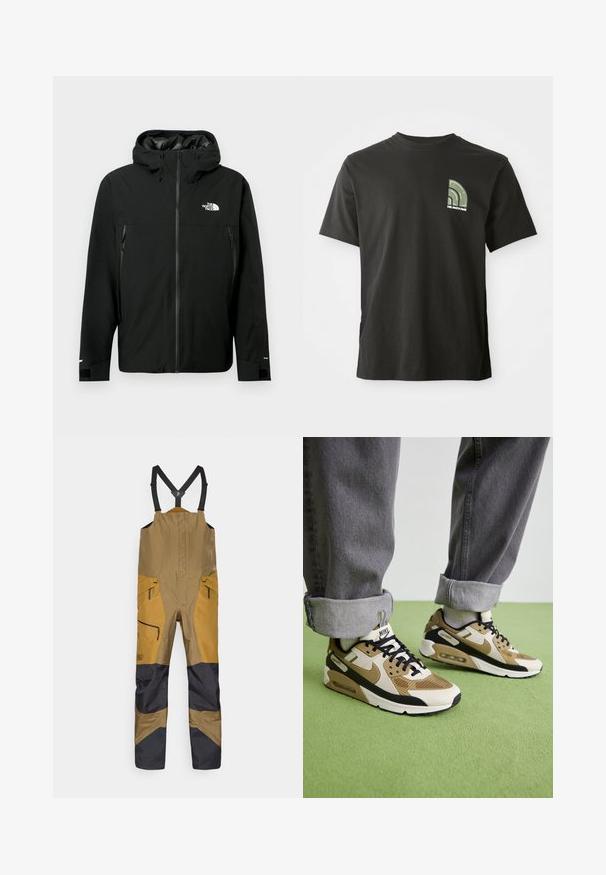 Black hooded jacket with zip front, two zippered side pockets, adjustable cuffs, and a logo on the chest. Smooth texture and waterproof material.; Black short-sleeve crew neck t-shirt with a small green and white quarter-circle logo and "The North Face" text on the left chest.; Brown and black bib overalls with adjustable black shoulder straps and zippered pockets, designed for outdoor or work use.; Nike Air Max 90 sneakers in beige and black, featuring mesh and leather materials, visible cushioning, and black laces.