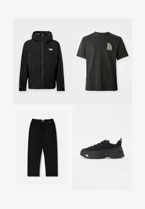 Schwarze Kapuzenjacke mit Reißverschluss vorne, zwei seitlichen Reißverschlusstaschen, verstellbaren Bündchen und einem Logo auf der Brust. Glatte Textur und wasserdichtes Material.; Schwarzes Kurzarm-T-Shirt mit Rundhalsausschnitt, das ein kleines grünes und weißes Viertelkreis-Logo und den Text "The North Face" auf der linken Brust zeigt.; Schwarze Hosen mit elastischem Bund und verstellbarem Gürtel. Hergestellt aus glattem Stoff, verfügen sie über gerade Beine und keine auffälligen Muster.; Schwarzer Outdoorsneaker mit einem Obermaterial aus Wildleder, strukturierter Gummisohle und robustem Schnürsystem. Verfügt über eine verstärkte Ferse und das Markenlogo an der Seite.