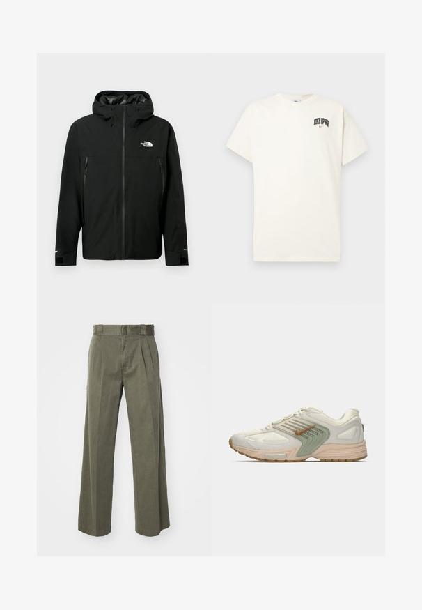 Casaco preto com capuz, com fecho zip frontal, dois bolsos laterais com fecho zip, punhos ajustáveis e um logótipo no peito. Textura suave e material à prova de água.; T-shirt de algodão na cor creme com mangas curtas, apresentando "NIKE SB" em texto preto e vermelho no peito. Gola redonda padrão.; Calças verde-oliva com um design largo e solto, apresentando pregas frontais. Feitas de tecido texturizado, com uma cintura padrão e sem fechos visíveis.; Sapatilha desportiva de corte baixo em bege com painel lateral verde claro, parte superior em malha branca, swoosh da Nike em castanho e sola bege com almofada de ar visível.