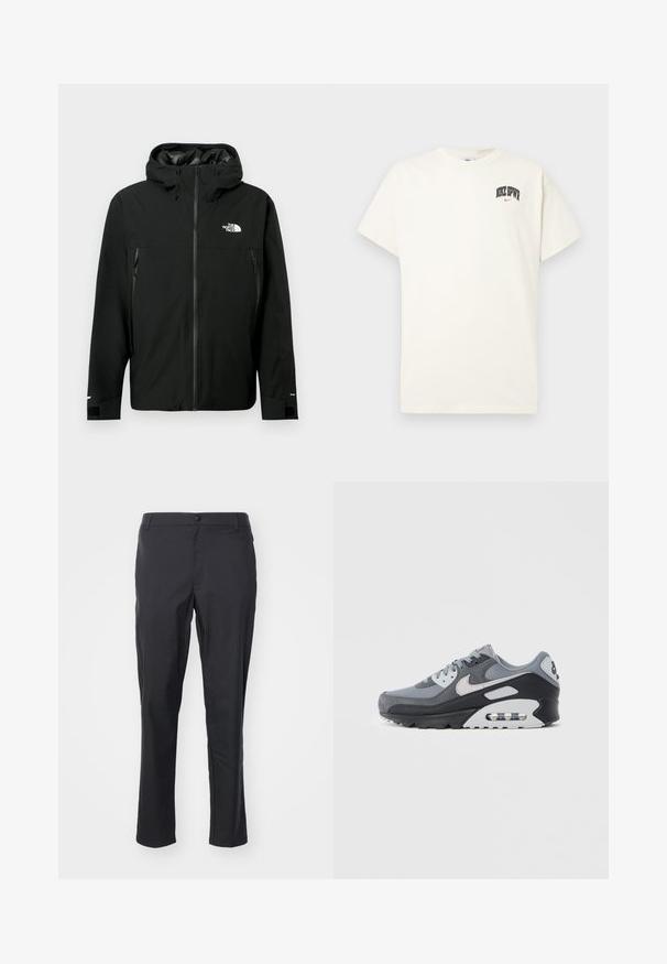 Crna kapuljača jakna s prednim zatvaračem, dva bočna džepa sa zatvaračem, podešavajuće manžete i logo na prsima. Glatka tekstura i vodootporan materijal.; Pamučni majica boje kreme s kratkim rukavima, na prsima ima natpis "NIKE SB" u crnoj i crvenoj boji. Standardni okrugli izrez.; Crne hlače izrađene od lagane tkanine, s glatkom teksturom, ravnim krojem i kopčanjem na gumbe u struku.; Sivi tenis s mješavinom mrežastih i brušenih materijala, s crnim potplatom i vidljivom zračnom jedinicom. Primjetni svijetlosivi detalji i vezice.
