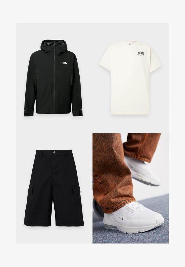 Zwarte hoodie met rits aan de voorkant, twee ritszakken aan de zijkanten, verstelbare manchetten en een logo op de borst. Gladde textuur en waterdicht materiaal.; Crème-kleurige katoenen T-shirt met korte mouwen, voorzien van "NIKE SB" in zwarte en rode tekst op de borst. Standaard ronde halslijn.; Zwarte cargoshorts gemaakt van duurzaam materiaal. Bevat twee zijzakken, een ritssluiting en een eenvoudige tailleband met een metalen knoop.; Nike Sportswear PULSE - Sneakers laag - white/summit white