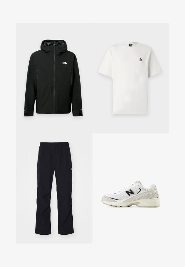 Black hooded jacket with zip front, two zippered side pockets, adjustable cuffs, and a logo on the chest. Smooth texture and waterproof material.; White cotton t-shirt featuring a small, embroidered graphic of a bottle on the left chest. Classic round neck and short sleeves.; Black cargo pants made of lightweight material, featuring an elastic waistband, side pockets, and a straight leg design.; White sneaker with mesh upper, black accents, and beige side details. Features a cushioned sole and lace-up closure.