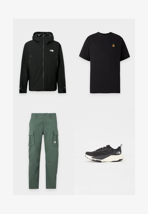 Juodas gobtuvą turintis džemperis su užtrauktuku priekyje, dviem užtrauktukais uždaromomis šoninėmis kišenėmis, reguliuojamais rankogaliais ir logotipu ant krūtinės. Lygi tekstūra ir vandeniui atspari medžiaga.; Juodas medvilninis marškinėliai trumpomis rankovėmis, apvaliu kaklu ir mažo geltono siuvinėjimo dizaino kairėje krūtinės pusėje.; Žali krovininiai šortai, pagaminti iš tekstūruoto audinio, su dviem šoninėmis krovininėmis kišenėmis ir priekiniais užtrauktukais. Yra sagčių uždarymas ir prekės ženklo logotipas ant kišenės.; Juodas sportinis batelis su tekstūruotu tinkleliu, solidžiai juodais akcentais ir lengvu baltu padu. Yra raištelių uždarymas ir trauktukas.