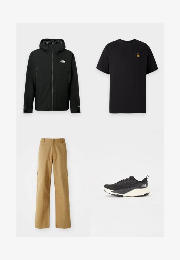 Must mustaga kujaga, millel on ees lukk, kaks lukkudega küljetaskut, reguleeritavad mansetid ja rindkeres logo. Sile tekstuur ja veekindel materjal.; Must must-kotüürist t-särk lühikeste käistega, ümar kaelus ja väike kollane tikand vasakul rinnapiiril.; Khaki cargo püksid sirge lõikega, mis on valmistatud vastupidavast puuvillakangast. Omab küljetaskuid ja õmblusdetailide. ; Must have musta sportlik king, millel on tekstureeritud võrgu ülemine osa, soliidne mustade aktsentidega ja kerge valge tallaga. Omab kinnituspaelu ja tõmbeaset.