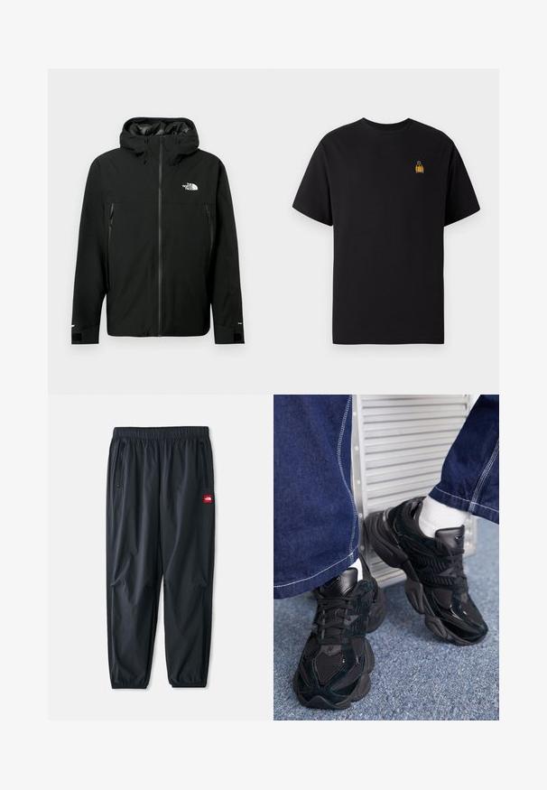 Fekete kapucnis dzseki cipzárral az elején, két cipzáras oldalzsebbel, állítható mandzsettákkal és logóval a mellrészen. Sima textúrájú és vízálló anyagú.; Fekete pamut póló rövid ujjal, kerek nyakkivágással, és egy kis sárga hímzett mintával a bal mellrészen.; Fekete, könnyű szintetikus anyagból készült nadrág, elasztikus derékkal, cipzáras oldalsó zsebekkel és egy kis piros logóval.; Fekete sportcipő, amely texturált és sima anyagok kombinációjával, kiemelkedő fűzéssel és vastag talppal rendelkezik, sötét farmernadrággal párosítva.