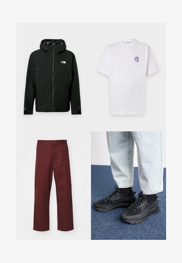 Veste à capuche noire avec fermeture éclair sur le devant, deux poches latérales zippées, poignets réglables et un logo sur la poitrine. Texture lisse et matériau imperméable.; T-shirt blanc en coton à manches courtes, col rond, avec un petit logo "C" bleu brodé sur la poitrine gauche.; Pantalons bordeaux à jambes droites en tissu lisse; dotés d'une fermeture à bouton et d'une poche avant. Design simple avec des accents de couture.; Des chaussures de sport noires avec un tissu texturé et des semelles en caoutchouc, dotées de lacets élastiques et d'un accent bleu au talon. Portées avec un pantalon en denim clair.