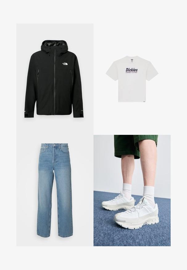 Černá kapucí s zipem vpředu, dvě boční kapsy na zip, nastavitelné manžety a logo na hrudi. Hladký povrch a voděodolný materiál.; Bílá bavlněná tričko s krátkými rukávy, kulatým výstřihem, se současným potiskem "Dickies" a "DURABLE CLOTHES" v tmavě modré barvě. Klasický střih.; Světle modré džíny s vysokým pasem, rovnými nohavicemi, předním zapínáním na knoflík a pěti kapsami na jednobarevném pozadí.; Bílé sportovní boty s texturovanými překryvy, masivní podrážkou a šedými akcenty. Na nohou mají bílé ponožky a zelené šortky na modrém povrchu.