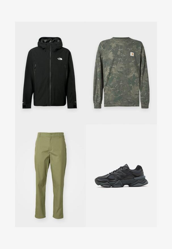 Melna kapuce jaka ar rāvējslēdzēju priekšpusē, divām sānu kabatām ar rāvējslēdzējiem, regulējamiem aproces galiem un logotipu uz krūšu. Gluda tekstūra un ūdensizturīgs materiāls.; Zaļā un brūnā toņos kamuflāžas krekls ar garām piedurknēm un nelielu kvadrātveida Carhartt logotipa uzlīmi kreisajā krūtīs.; Olīvu zaļas bikses ar taisnu kāju siluetu, kas aprīkotas ar pogu aizdari un pielāgotu dizainu. Gluda auduma, bez redzamām rakstu zīmēm.; Melna skriešanas apavi ar jauktu acu audumu un sintētiskiem materiāliem, masīvu zoli, izliekta dizaina elementiem un izteiktu zīmola logotipu uz sāniem.