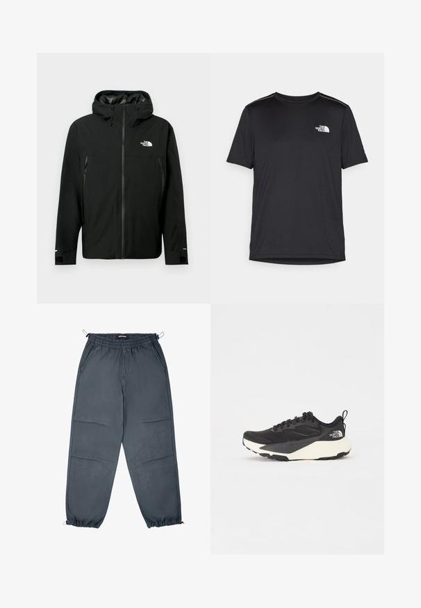 Svart huva jacka med dragkedja framtill, två dragkedjefickor på sidorna, justerbara ärmar och en logotyp på bröstet. Slät textur och vattentätt material.; Svart kortärmad T-shirt i lättviktig tyg. Har en liten vit logotyp på vänster bröst och subtila axeltoner.; Grå joggerbyxor med elastisk midja, sidofickor och elastiska ärmslut, med en mjuk struktur och rak skärning.; Svart sportskor med strukturerad meshöversida, helt svarta detaljer och vit lätt sula. Utökad med snörning och dragflik.