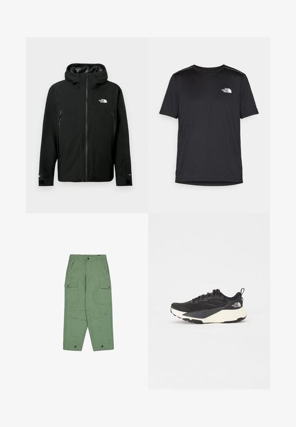 Zwarte hoodie met rits aan de voorkant, twee ritszakken aan de zijkanten, verstelbare manchetten en een logo op de borst. Gladde textuur en waterdicht materiaal.; Zwarte T-shirt met korte mouwen, gemaakt van lichtgewicht stof. Bevat een klein wit logo op de linkerborst en verfijnde schouderaccenten.; Groene cargo broeken met een ontspannen pasvorm, twee grote zijzakken en verstelbare enkels. Gemaakt van gestructureerde katoenstof.; Zwarte sportieve schoen met een gestructureerde mesh bovenkant, solide zwarte accenten en een lichte witte buitenzool. Voorzien van vetersluiting en een treklus.