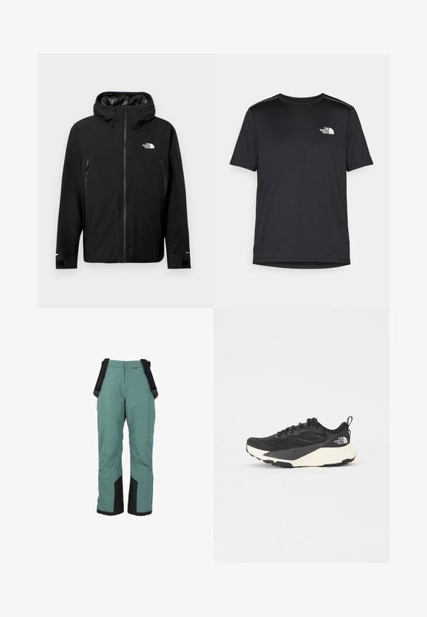 Svart huva jacka med dragkedja framtill, två dragkedjefickor på sidorna, justerbara ärmar och en logotyp på bröstet. Slät textur och vattentätt material.; Svart kortärmad T-shirt i lättviktig tyg. Har en liten vit logotyp på vänster bröst och subtila axeltoner.; Gröna vattentäta skidbyxor med justerbara remmar, svarta detaljer vid fållen och en lös passform för enkel rörelse. Förstärkta knäzoner.; Svart sportskor med strukturerad meshöversida, helt svarta detaljer och vit lätt sula. Utökad med snörning och dragflik.