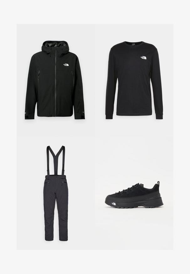 Juodas gobtuvą turintis džemperis su užtrauktuku priekyje, dviem užtrauktukais uždaromomis šoninėmis kišenėmis, reguliuojamais rankogaliais ir logotipu ant krūtinės. Lygi tekstūra ir vandeniui atspari medžiaga.; Juoda džemperis ilgomis rankovėmis, pagamintas iš medvilnės, su baltu logotipu kairėje krūtinės pusėje ir pūstomis rankogaliais. Lygus paviršius su apykakle.; Juoda slidinėjimo kelnės su reguliuojamais diržais, dviem priekiniais užtrauktukais užtraukiamais kišenėmis ir liekna krova. Pagamintos iš patvarios, vandeniui atsparios medžiagos.; Juodas lauko sportinis batelis su zomšiniu viršumi, tekstūruota guma padais ir tvirtas raištelių sistema. Yra sustiprinta kulno dalis ir prekės ženklo logotipas šone.