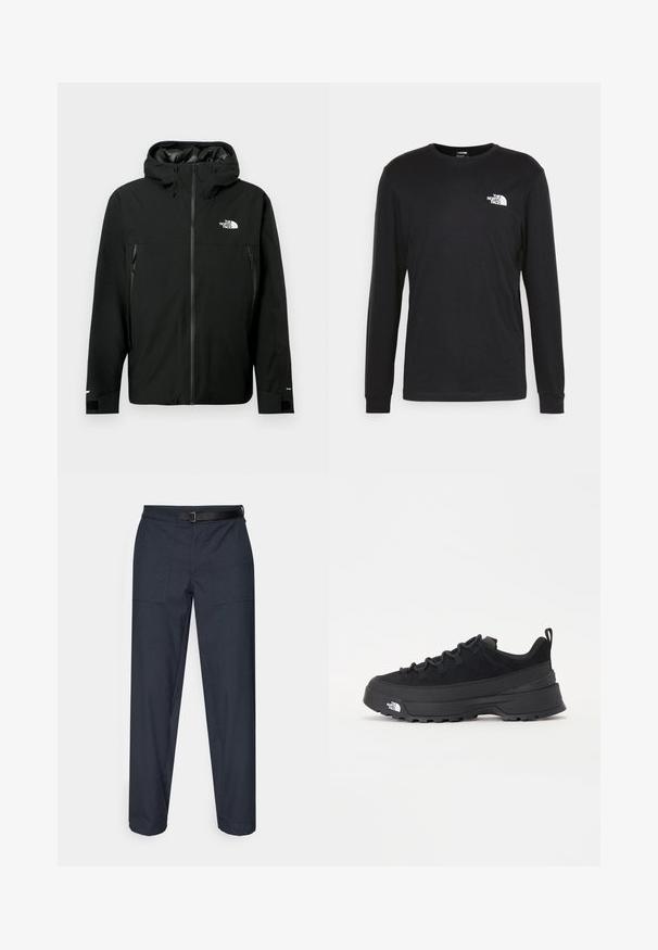 Musta huppari takki, jossa on vetoketju edessä, kaksi vetoketjullista sivutaskua, säädettävät hihansuut ja logo rinnassa. Sileä pinta ja vedenpitävä materiaali.; Musta pitkähihaine t-paita, joka on valmistettu puuvillasta ja jossa on valkoinen logo vasemmassa rinnassa sekä ribbauskiristykset. Sileä rakenne ja pyöreä kaula-aukko.; Tummansinisiä suoria housuja, joissa on kaksi etutaskua, musta säädettävä vyö ja sileä pinta.; Mustamustad välisjalanõud suede ülemise, tekstuuriga kummist tallaga ja tugeva paelaga. Varustatud tugevdatud kanna ja brändi logoga külgedel.