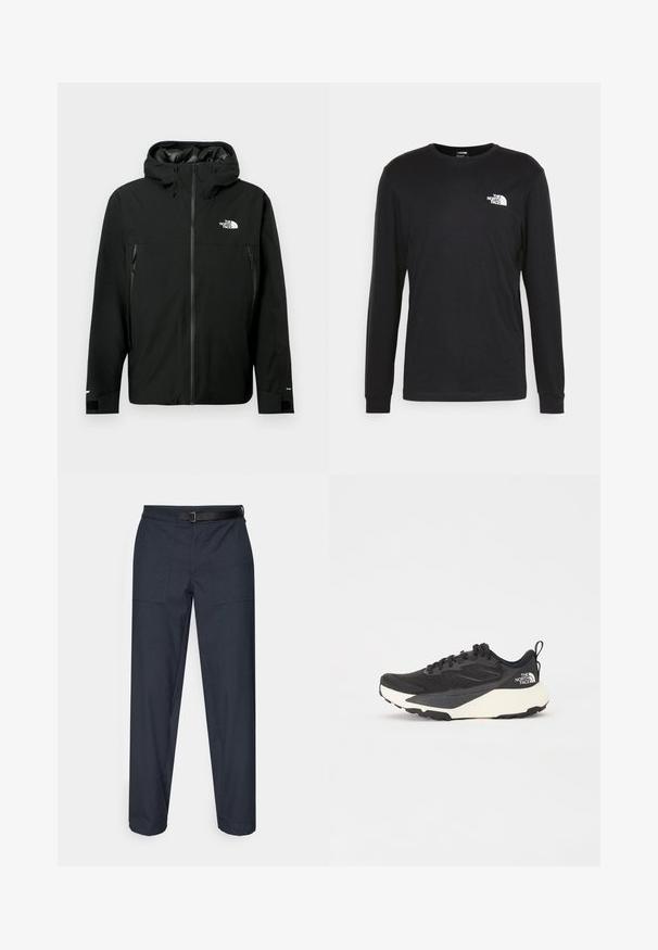 Schwarze Kapuzenjacke mit Reißverschluss vorne, zwei seitlichen Reißverschlusstaschen, verstellbaren Bündchen und einem Logo auf der Brust. Glatte Textur und wasserdichtes Material.; Schwarzes Langarm-T-Shirt aus Baumwolle mit einem weißen Logo auf der linken Brust und gerippten Bündchen. Glatte Textur mit Rundhalsausschnitt.; Dunkelblaue Hose mit geradem Schnitt, zwei Fronttaschen, einem schwarzen verstellbaren Gürtel und einer glatten Textur.; Schwarzer Sportschuh mit strukturiertem Mesh-Obermaterial, komplett schwarzen Akzenten und leichter weißer Laufsohle. Verfügt über eine Schnürung und eine Zuglasche.