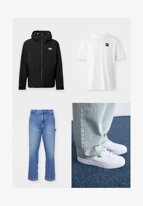 Veste à capuche noire avec fermeture éclair sur le devant, deux poches latérales zippées, poignets réglables et un logo sur la poitrine. Texture lisse et matériau imperméable.; T-shirt en coton blanc à manches courtes et col rond ; présente un petit logo rectangulaire noir Nike Air sur la poitrine gauche.; Jeans en denim bleu avec une coupe droite, un design à cinq poches et des coutures contrastantes. Fermeture à bouton et à fermeture éclair à la taille.; Baskets en cuir blanc avec logo Nike vert, bout rond, semelle plate, associées à un pantalon en denim bleu clair, présentées sur un tapis bleu.
