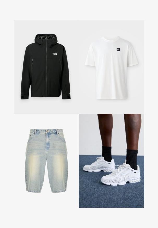 Fekete kapucnis dzseki cipzárral az elején, két cipzáras oldalzsebbel, állítható mandzsettákkal és logóval a mellrészen. Sima textúrájú és vízálló anyagú.; Fehér pamut póló rövid ujjú, kerek nyakkal; az első bal oldalon egy kis fekete téglalap alakú Nike Air logó található.; Világoskék farmer sort, elhalványodott mosással, klasszikus öt zsebes dizájnnal, övhurkokkal és egyenes szabással.; Fehér sportcipők hálós felsőrésszel, textúrázott díszítésekkel és párnázott talppal. Párban fekete bordázott bokazoknival egy kék szőnyeggel borított felületen.