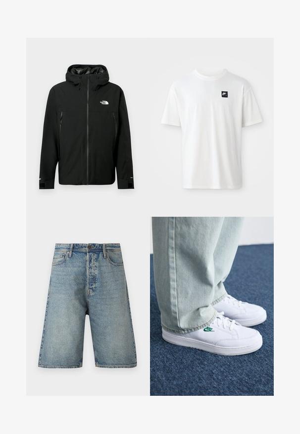 Chaqueta negra con capucha, cierre frontal de cremallera, dos bolsillos laterales con cremallera, puños ajustables y un logo en el pecho. Textura suave y material impermeable.; Camiseta de algodón blanca con mangas cortas y cuello redondo; presenta un pequeño logo rectangular negro de Nike Air en el lado izquierdo del pecho.; Shorts de mezclilla con un lavado azul claro, diseño de cinco bolsillos y corte recto. Tejido resistente con costuras visibles y cierre de botón.; Zapatillas de cuero blanco con logo de Nike verde, puntera redonda, suela plana, combinadas con pantalones de mezclilla azul claro, sobre una alfombra azul.