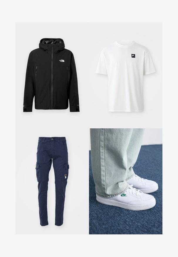 Black hooded jacket with zip front, two zippered side pockets, adjustable cuffs, and a logo on the chest. Smooth texture and waterproof material.; White cotton t-shirt with short sleeves and a crew neck; features a small black rectangular Nike Air logo on the left chest.; Alpha Industries PETROL PATCH - Cargo trousers - ultra navy; White leather sneakers with green Nike logo, round toe, flat sole, paired with light blue denim pants, shown on a blue carpet.