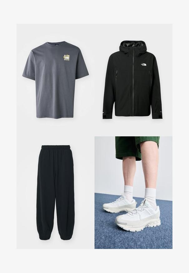 Juodas gobtuvą turintis džemperis su užtrauktuku priekyje, dviem užtrauktukais uždaromomis šoninėmis kišenėmis, reguliuojamais rankogaliais ir logotipu ant krūtinės. Lygi tekstūra ir vandeniui atspari medžiaga.; Pilkos spalvos trumpų rankovių marškinėliai, pagaminti iš medvilnės, su maža gėlių grafika ant krūtinės. Apvalus iškirpimas, minkšta tekstūra ir laisvas siluetas.; Juodi, su elastiniu juosmeniu sportiniai kelnės su laisvu siluetu, suapvalintais kulkšnimis, lygia tekstūra ir be matomų raštų ar metalinių akcentų.; Baltos sportinės bateliai su tekstūruotais uždengimais, masyviu padu ir pilkais akcentais. Dėvimi su baltais trumpais kojiniais ir žaliais šortais mėlyname paviršiuje.