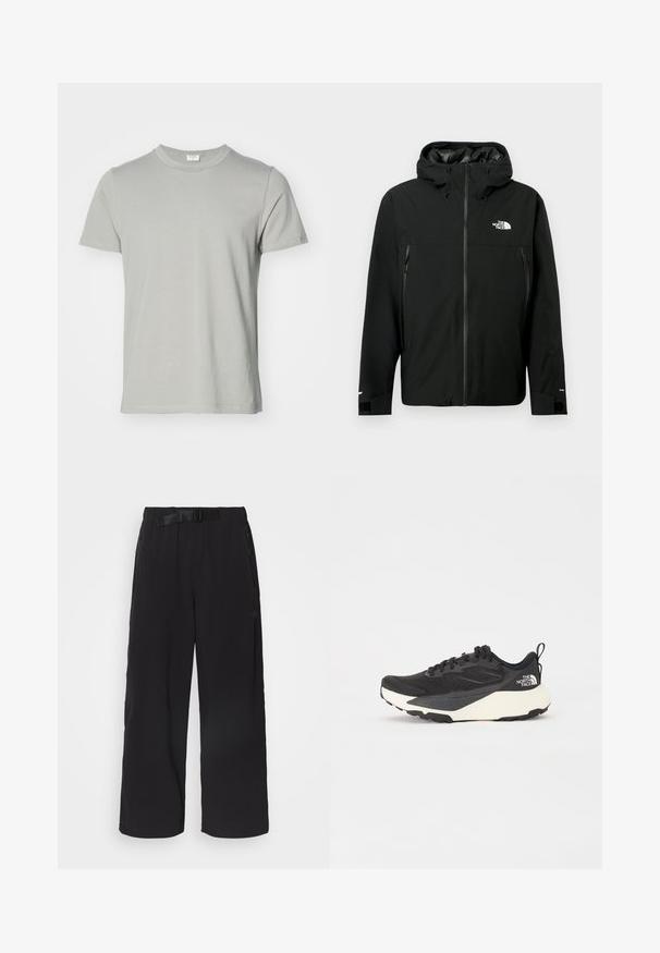 Sort hættetrøje med lynlås fortil, to lynlåslommer på siden, justerbare manchetter og et logo på brystet. Glat tekstur og vandafvisende materiale.; Kortærmet T-shirt i lys grå bomuld med rund halsudskæring og lige kant. Glat tekstur, ingen mønstre eller synlige metaldele.; Sorte bredbenede bukser i et tekstureret stof, med en talje med justerbart bælte og lynlås-lomme på siden.; Sort sportsko med struktureret mesh-overdel, solide sorte detaljer og hvid letvægts sål. Har snørebåndslukning og trækstrop.