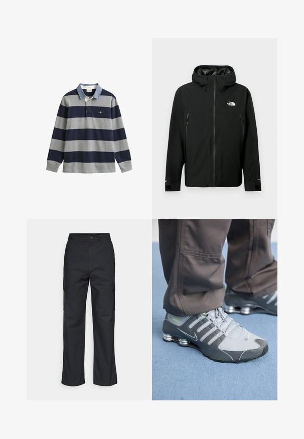 Chaqueta negra con capucha, cierre frontal de cremallera, dos bolsillos laterales con cremallera, puños ajustables y un logo en el pecho. Textura suave y material impermeable.; Camisa tipo polo de manga larga con rayas en azul marino y gris, un cuello azul claro y un logo en el pecho. Tejido de algodón con textura suave.; Pantalones cargo negros con un diseño de pierna recta, que cuentan con bolsillos laterales y una tela texturizada. Cierre de botón en la cintura para un ajuste seguro.; Las zapatillas Nike Shox en gris y plata tienen un diseño elegante, con materiales de malla y sintéticos, punta redondeada y un collar acolchado.