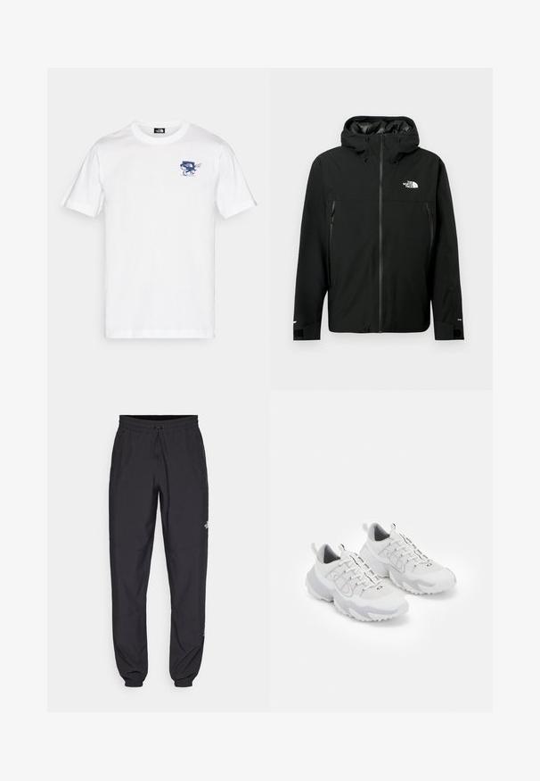 Jachetă neagră cu glugă, cu fermoar frontal, două buzunare laterale cu fermoar, mansete ajustabile și un logo pe piept. Textură netedă și material impermeabil.; Tricou alb din bumbac cu mâneci scurte și guler rotund, având un design grafic albastru în zona stângă a pieptului.; Pantaloni atletici negri, confecționați dintr-un material ușor, cu un tiv elastic la talie, buzunare laterale și tivuri ajustate la gleznă.; Pantofi sport albi cu un material superior din plasă, accente gri, talpă din cauciuc texturată și niște mânere pe călcâi; prezintă un design cu sireturi.