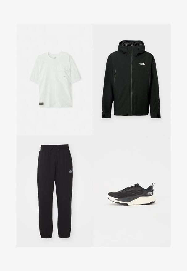 Čierna kapucňová bunda so zipsom vpredu, dvoma zipsovými bočnými vreckami, nastaviteľnými manžetami a logom na hrudi. Hladká textura a vodoodpudivý materiál.; Krátky rukáv, svetlozelené tričko vyrobené z bavlny. Obsahuje náprsné vrecko a malú nálepku pri vrecku. Mäkkučký materiál, jednoduchý dizajn.; Čierne tepláky vyrobené z mäkkej látky, s elastickým pásom s šnúrkou, s manžetami na členkoch a malým logom na hornej strane stehna.; Čierna atletická obuv s textúrovaným sieťovinovým vrchom, pevným čiernym akcentom a bielou ľahkou podrážkou. Obsahuje šnurovací systém a pútko.
