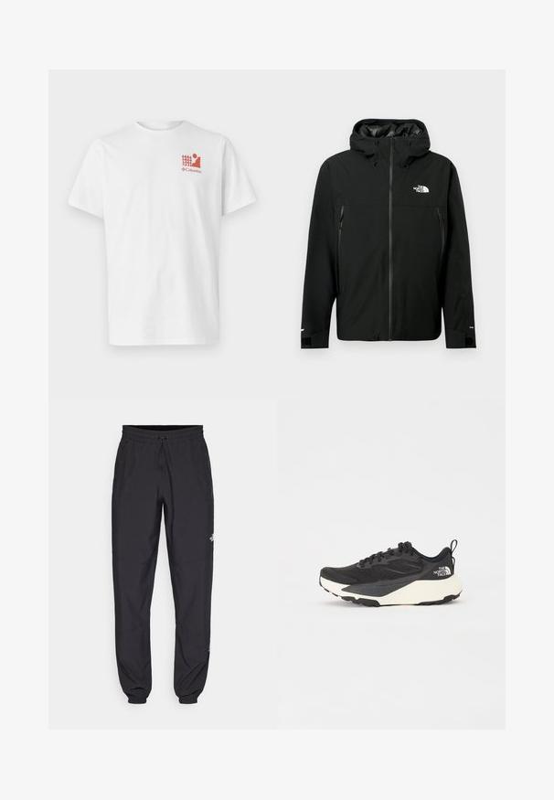 Juodas gobtuvą turintis džemperis su užtrauktuku priekyje, dviem užtrauktukais uždaromomis šoninėmis kišenėmis, reguliuojamais rankogaliais ir logotipu ant krūtinės. Lygi tekstūra ir vandeniui atspari medžiaga.; Balta medvilninė marškinėlė su raudonu grafiniu medžio ir figūros piešiniu, su „Columbia“ logotipu apačioje. Trumpomis rankovėmis ir standartiniu apvaliu kaklu.; Juodos sportinės kelnės, pagamintos iš lengvos medžiagos, su raišteliu liemens srityje, šoniniais kišenėmis ir siaurėjantys apykaklės prie kulkšnies.; Juodas sportinis batelis su tekstūruotu tinkleliu, solidžiai juodais akcentais ir lengvu baltu padu. Yra raištelių uždarymas ir trauktukas.