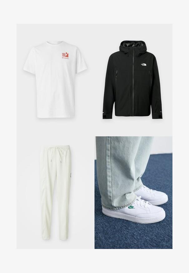 Casaco preto com capuz, com fecho zip frontal, dois bolsos laterais com fecho zip, punhos ajustáveis e um logótipo no peito. Textura suave e material à prova de água.; T-shirt de algodão branco com um gráfico vermelho de árvores e uma figura, com o logótipo "Columbia" abaixo. Manga curta e design padrão de decote redondo.; Calças jogger slim-fit brancas com cintura elástica e cordão, apresentando detalhes nas costuras laterais e um pequeno patch preto na perna direita.; Tênis de couro brancos com logo verde da Nike, bico redondo, sola plana, combinados com calças de denim azul claro, exibidos sobre um tapete azul.