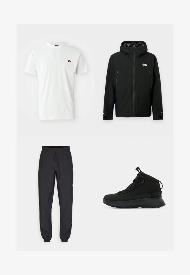 Fekete kapucnis dzseki cipzárral az elején, két cipzáras oldalzsebbel, állítható mandzsettákkal és logóval a mellrészen. Sima textúrájú és vízálló anyagú.; Ellesse GAUGUIN TEE - Basic póló - off white; Fekete sportnadrág, könnyű anyagból készült, húzózsinóros derékkal, oldalsó zsebekkel és szűkített szárakkal a bokáknál.; Fekete, félmagas túracipők texturált anyag felsőrésszel, megerősített orral, biztonságos fűzőrendszerrel és párnázott talppal a tapadás érdekében.