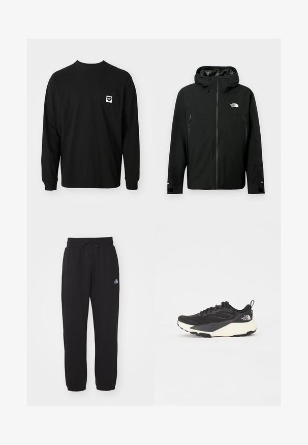 Crna kapuljača jakna s prednim zatvaračem, dva bočna džepa sa zatvaračem, podešavajuće manžete i logo na prsima. Glatka tekstura i vodootporan materijal.; Crna majica dugih rukava od pamuka, s okruglim izrezom i džepom na prsima s logotipom srca i natpisom.; Crne trenirke od mekog materijala, s elastičnim pojasom s vezicom, suženim gležnjevima i malim logom na gornjem dijelu bedra.; Crne atletske tenisice s teksturiranim mrežastim gornjim dijelom, solidnim crnim detaljima i laganom bijelom potplatom. Sadrži vezanje čipkom i trakicu za povlačenje.