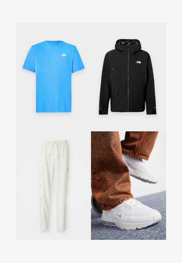 Černá kapucí s zipem vpředu, dvě boční kapsy na zip, nastavitelné manžety a logo na hrudi. Hladký povrch a voděodolný materiál.; Modrá bavlněná tričko s kulatým výstřihem, krátkými rukávy a bílým logem Nike na levé části hrudi. Hladká textura, standardní střih, bez vzorů.; Bílé slim-fit jogger kalhoty s elastickým pasem a šňůrkou, s bočními švy a malou černou nášivkou na pravé noze.; Nike Sportswear PULSE - Tenisky - white/summit white
