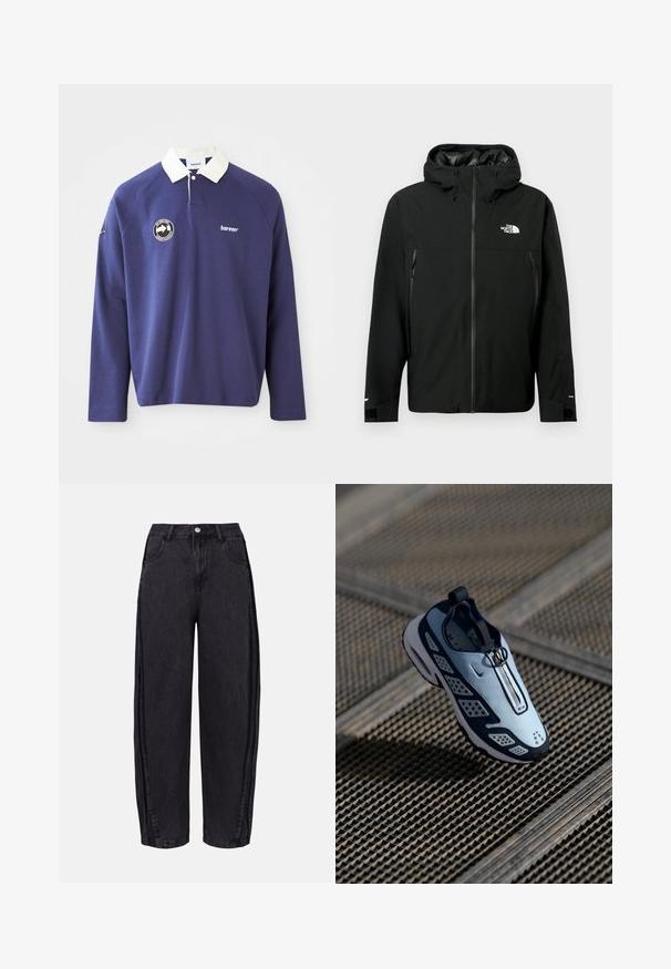 Must mustaga kujaga, millel on ees lukk, kaks lukkudega küljetaskut, reguleeritavad mansetid ja rindkeres logo. Sile tekstuur ja veekindel materjal.; Tumesinise pika varrukaga polo särk valge kraega, millel on vasakul rinnal ümmargune logo ja tikitud "bareen" tekst. Pehme materjal.; Mustad laiad teksapüksid, mis on valmistatud siledast denimist. Omavad kõrget taljejoont, esikotte ja nööpe kinnitamist talje ümber.; Nike'i sneakeritel on libisev disain, millel on helesinine ülemine osa, mustad aktsendid ja perforatsioonidega külgpaneelid. Ümar varvas ja tekstuuriga tallad.