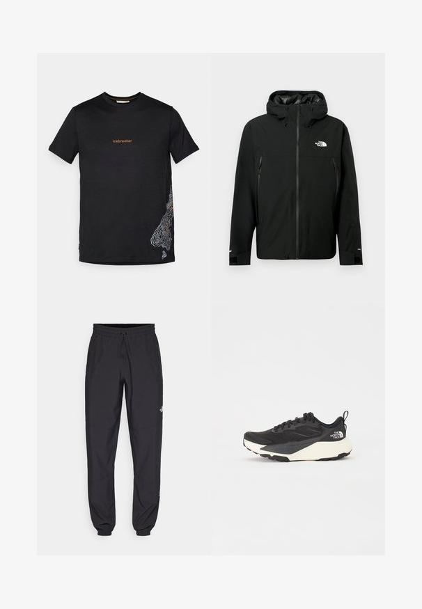 Must mustaga kujaga, millel on ees lukk, kaks lukkudega küljetaskut, reguleeritavad mansetid ja rindkeres logo. Sile tekstuur ja veekindel materjal.; Must musta särk, millel on lühikesed varrukad, millel on rinnal oranž tekst "icebreaker" ja valge topograafiline kaart all paremas nurgas.; Mustavad sportlikud püksid, mis on valmistatud kergest kangast, joonlauaga taljest, küljetaskudega ja kitsenevate varrukatega pahkluude juures.; Must have musta sportlik king, millel on tekstureeritud võrgu ülemine osa, soliidne mustade aktsentidega ja kerge valge tallaga. Omab kinnituspaelu ja tõmbeaset.