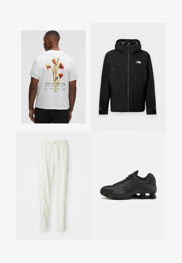 Fekete kapucnis dzseki cipzárral az elején, két cipzáras oldalzsebbel, állítható mandzsettákkal és logóval a mellrészen. Sima textúrájú és vízálló anyagú.; Fehér pamut póló, piros, sárga és zöld virágos grafikával a hátsó részen, "ügyes kerülőutak" felirattal és márka logóval.; Fehér, slim fit szabású sportnadrág, elasztikus derékkal és húzózsinórral, oldalsó varrás részletekkel és egy kis fekete folttal a jobb lábon.; Fekete futócipők sima szintetikus felsőrésszel, perforált díszítéssel, texturált oldalsó panelekkel és egyedi ruganyos talppal.