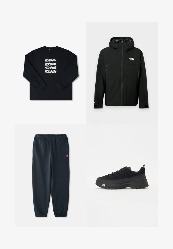 Juodas gobtuvą turintis džemperis su užtrauktuku priekyje, dviem užtrauktukais uždaromomis šoninėmis kišenėmis, reguliuojamais rankogaliais ir logotipu ant krūtinės. Lygi tekstūra ir vandeniui atspari medžiaga.; Juodas ilgomis rankovėmis džemperis, featuring balto vėl grifikuota grafika stilizuotais rašmenimis ant priekio. Pagamintas iš minkštos medžiagos.; Juodai sportiniai džinsai, pagaminti iš lygios medžiagos, turi elastinę juosmenį, kulkšnies rankoves ir mažą raudoną logotipo etikėtę šone.; Juodas lauko sportinis batelis su zomšiniu viršumi, tekstūruota guma padais ir tvirtas raištelių sistema. Yra sustiprinta kulno dalis ir prekės ženklo logotipas šone.